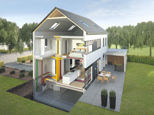 Grafik eines Hauses im Querschnitt mit sichtbarer Lüftungsanlage und Luftkanälen über mehrere Etagen.